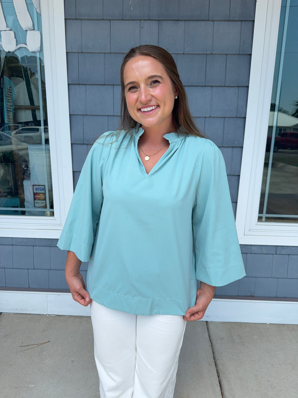 Seafoam Ruffled Neck Blouse
