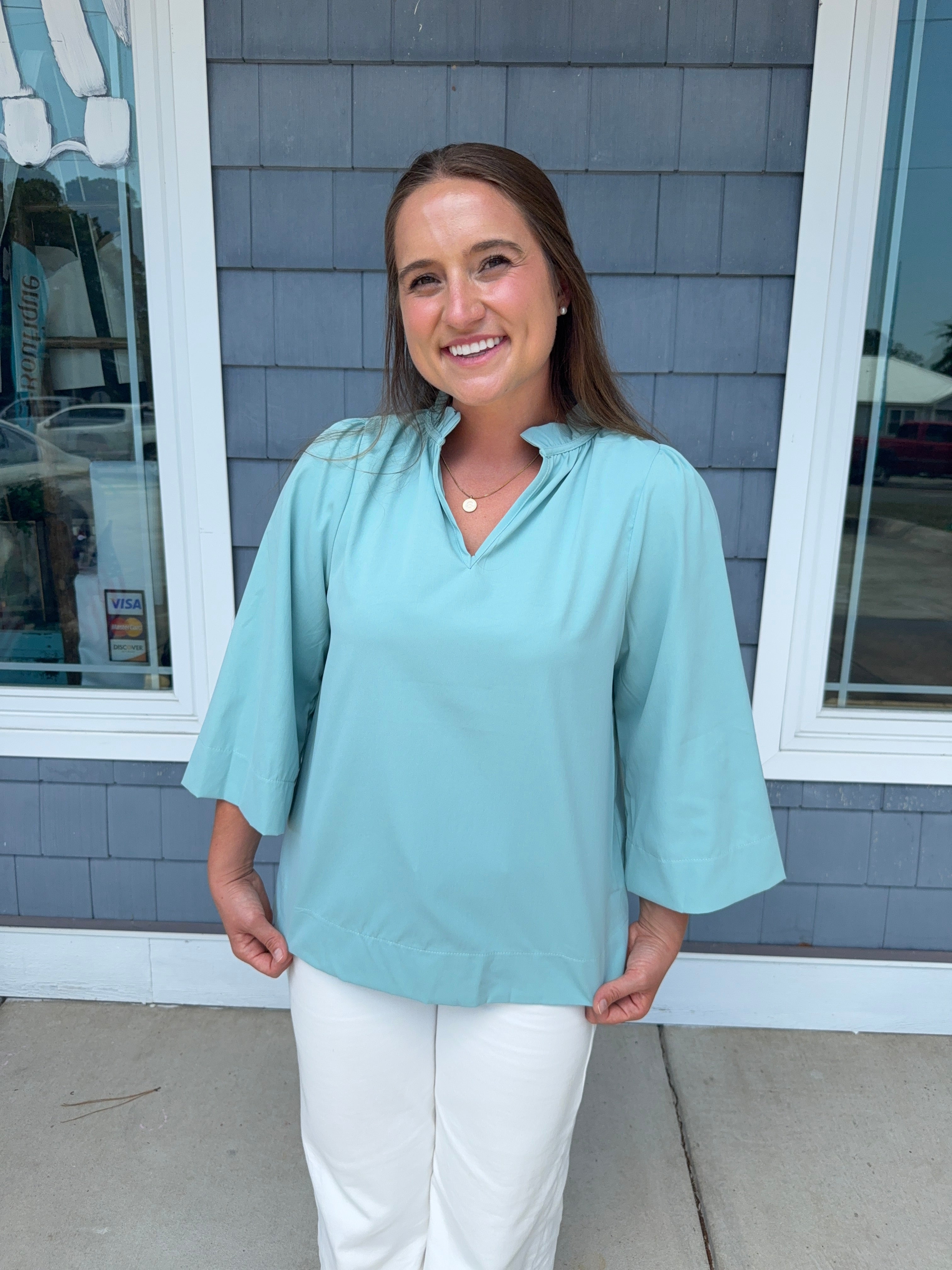 Seafoam Ruffled Neck Blouse