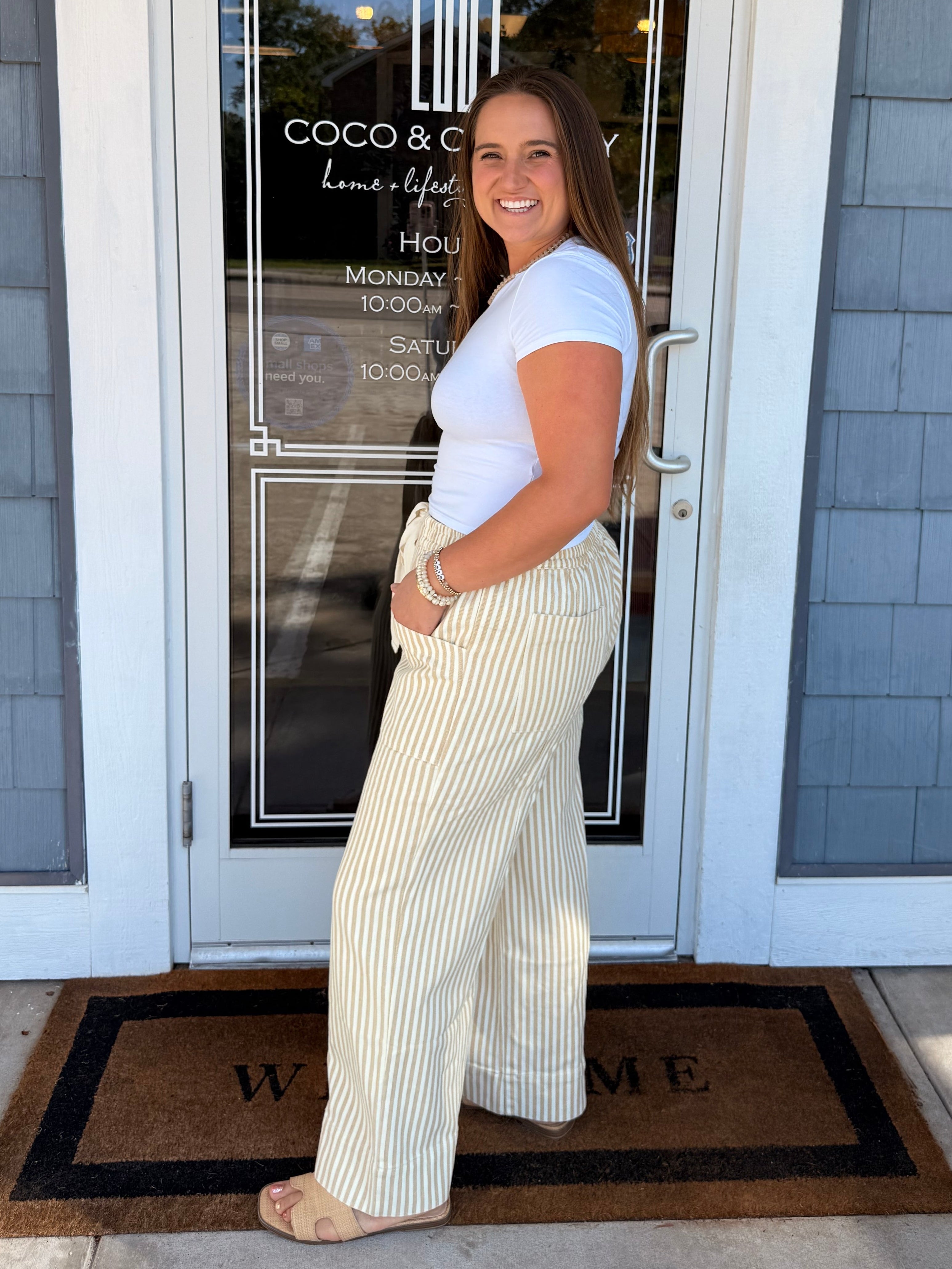 Taupe Natural Stripe Wide Leg Drawstring Pants