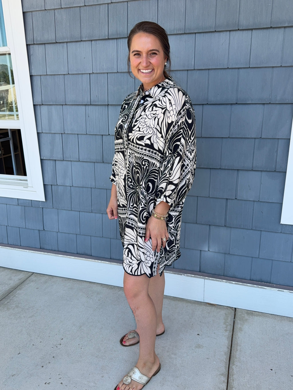 Black Marbled Bandana Dress W/ Scallop Detail
