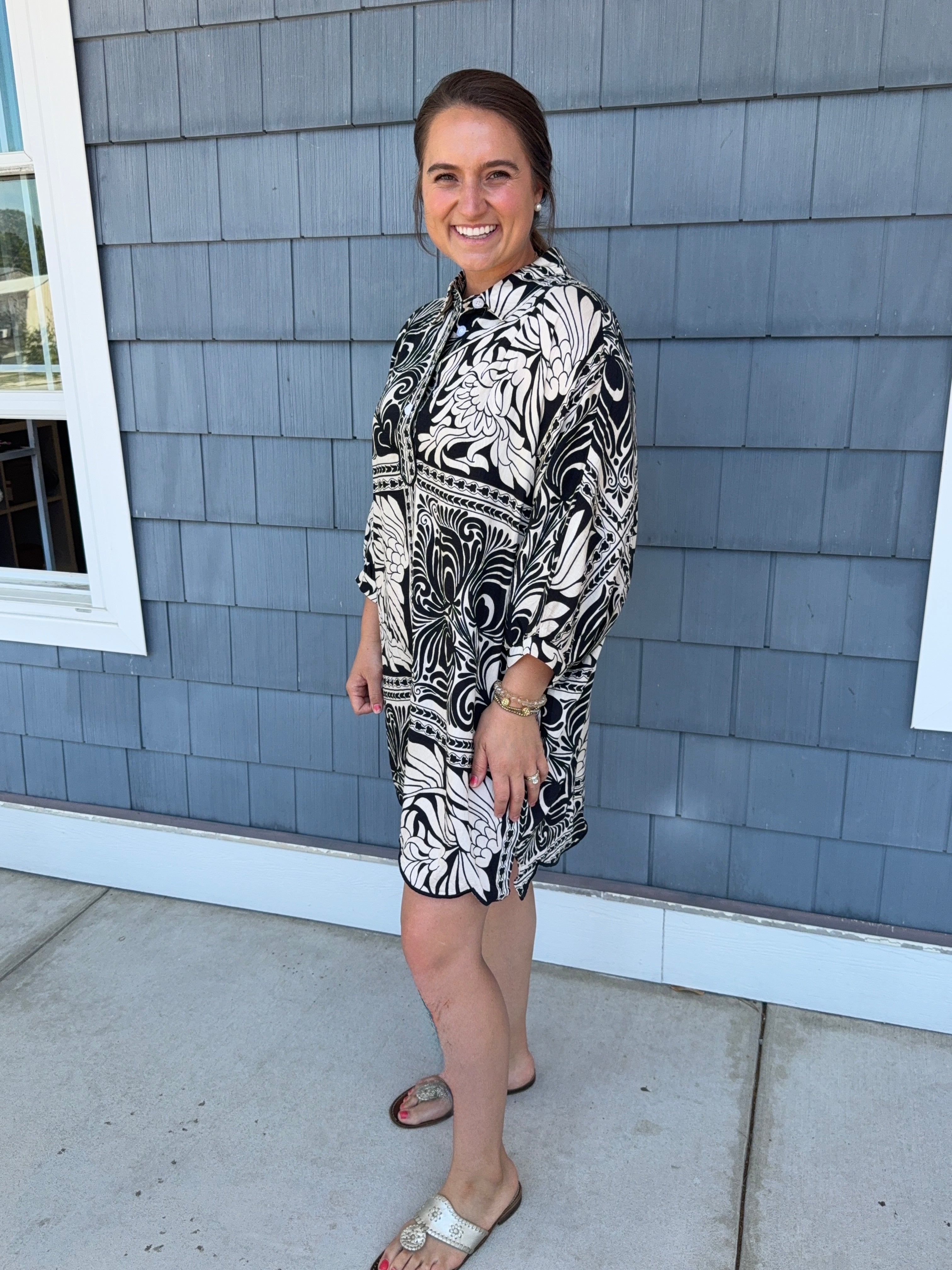 Black Marbled Bandana Dress W/ Scallop Detail