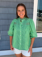 Mint Trim Detail Hutton Down Blouse