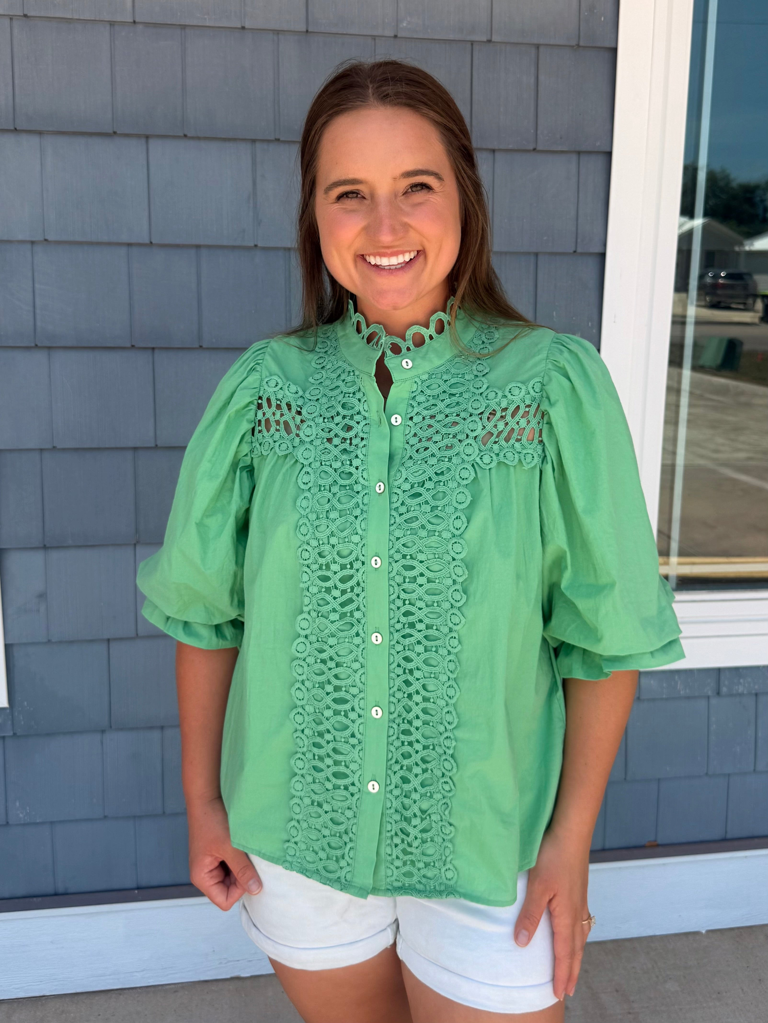 Mint Trim Detail Hutton Down Blouse