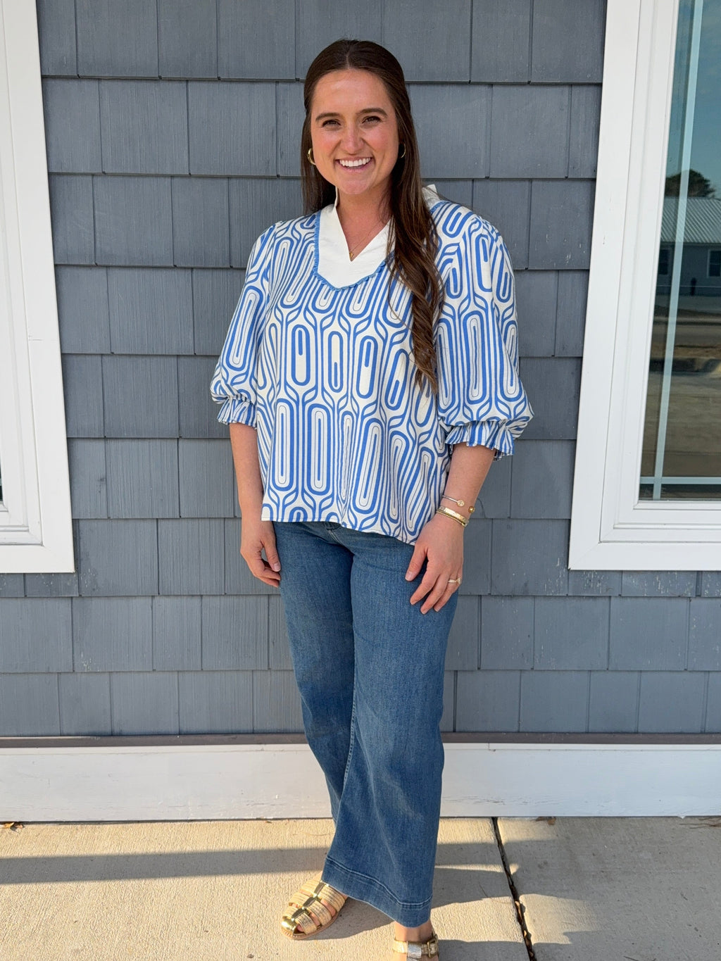 Blue Scallop Trim Geo Print Top
