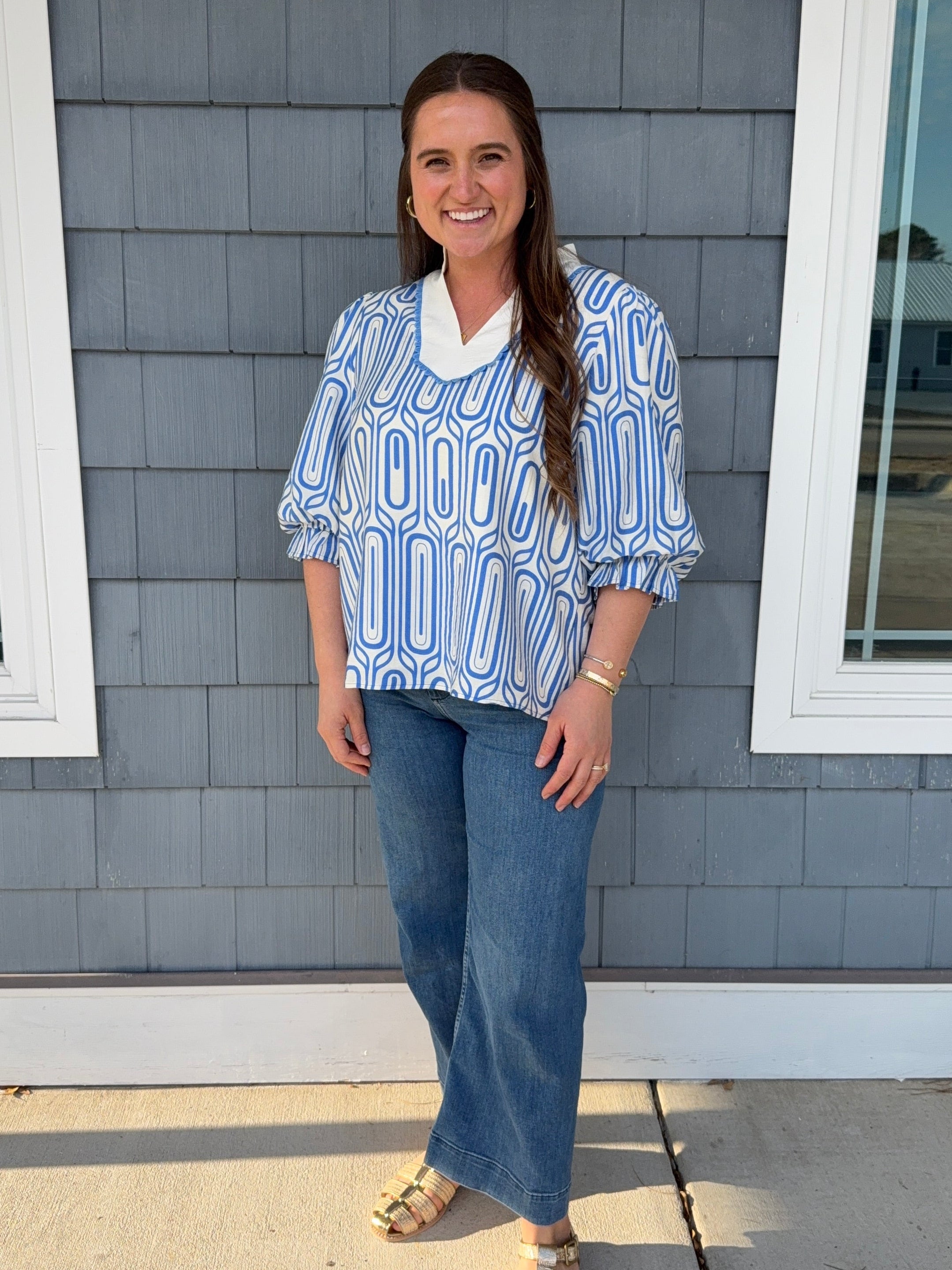 Blue Scallop Trim Geo Print Top