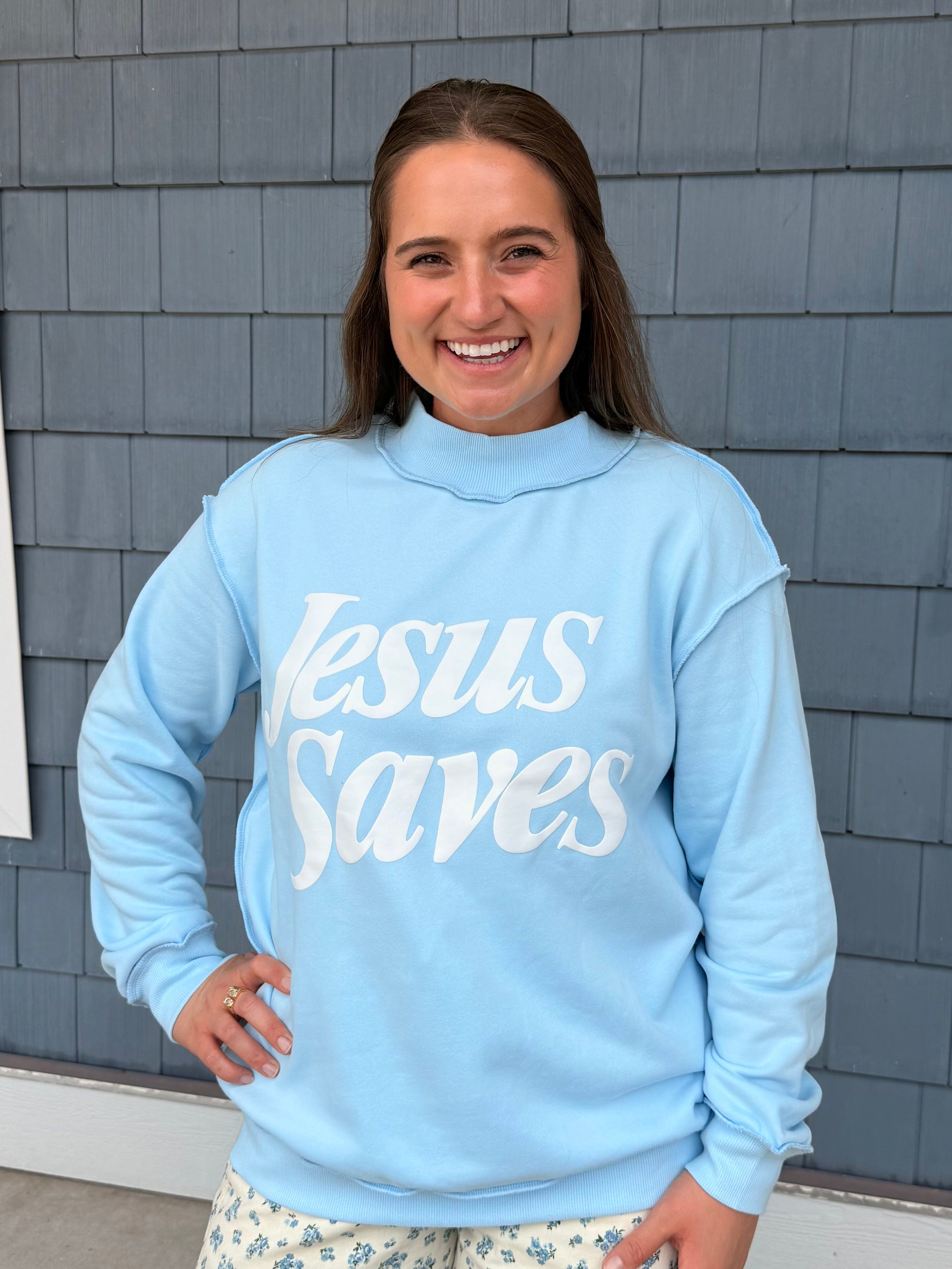 Blue Jesus Saves Mockneck Sweatshirt