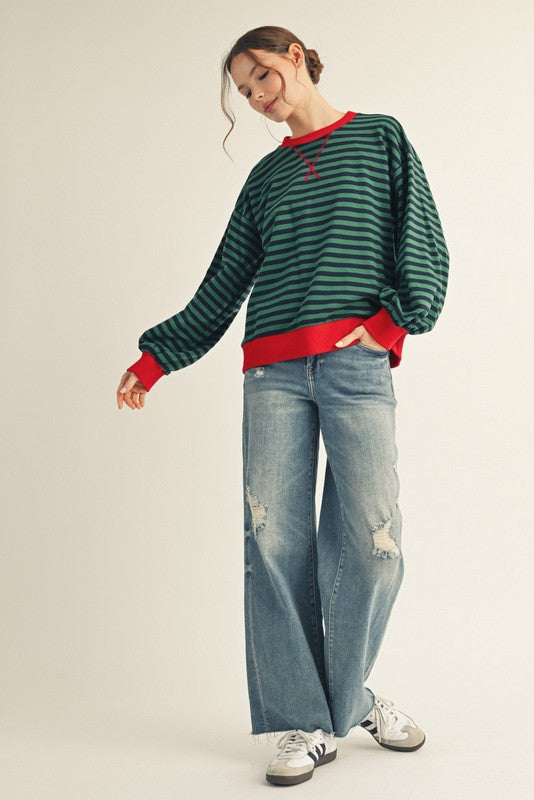 Green & Navy Striped Top