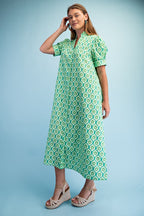 Green Printed Button Down Midi Dress