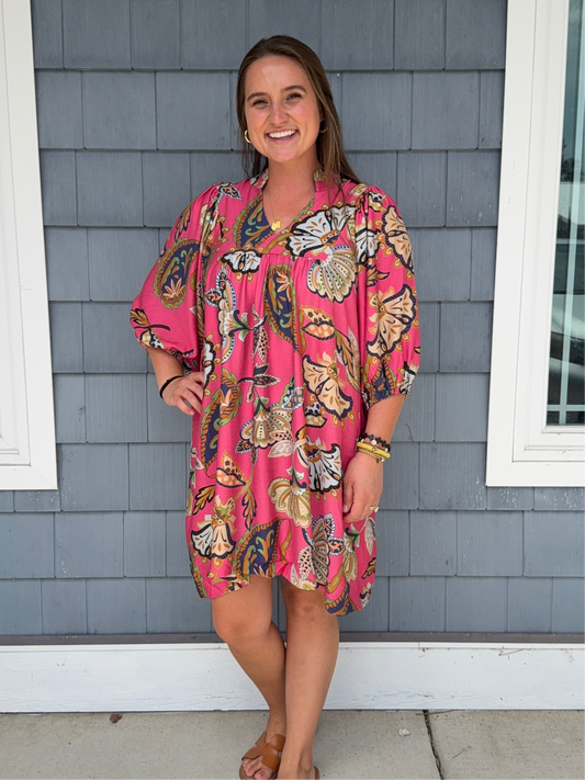 Abstract Pink Puff Sleeve Babydoll Dress