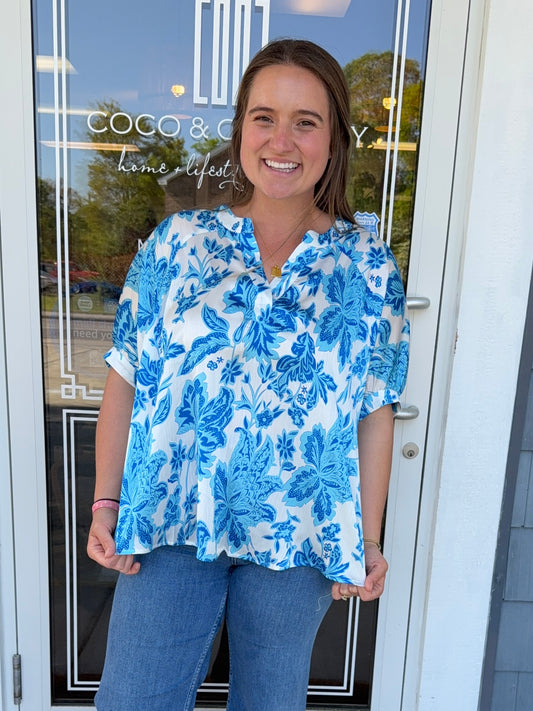 Blue Flower Print Dolman Sleeve Top