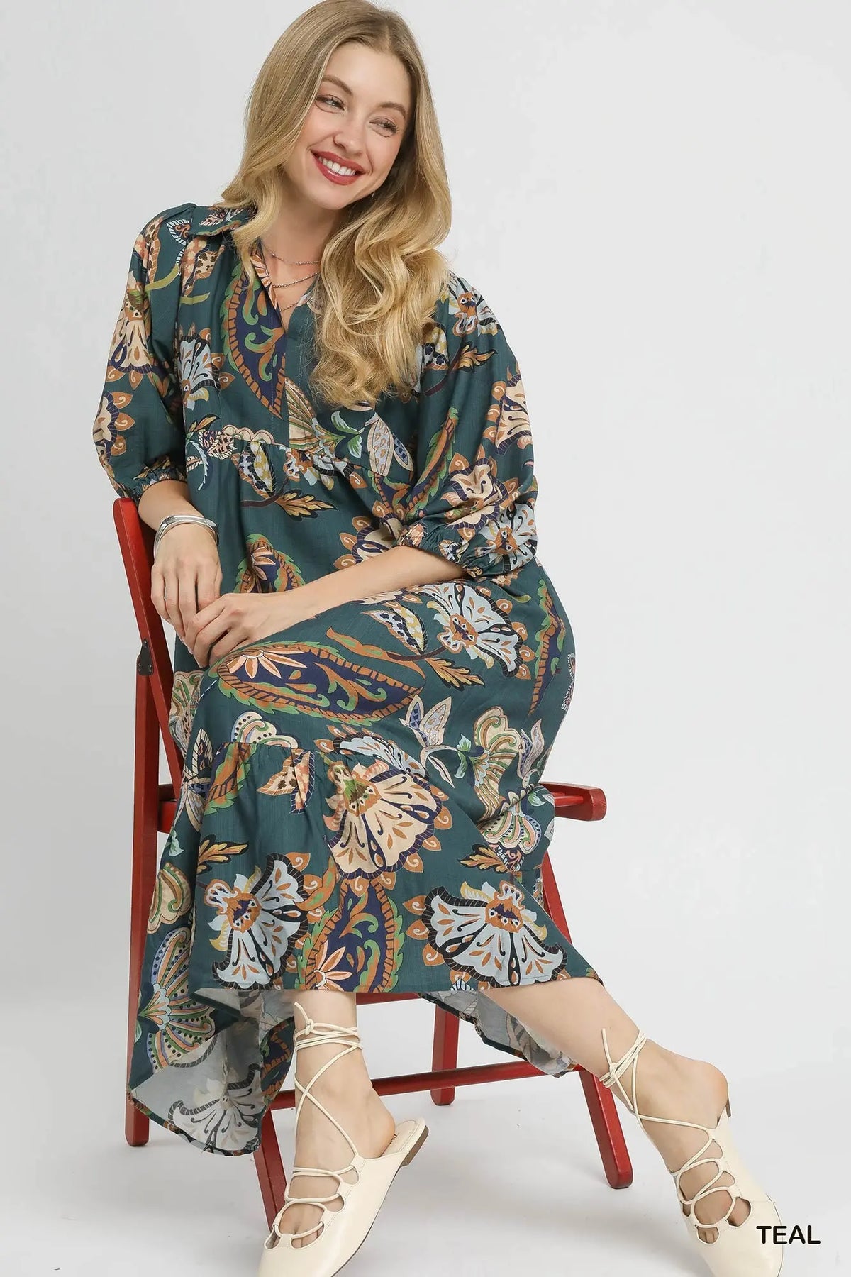 Teal Boho Paisley Midi Dress