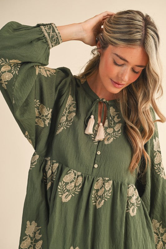 Olive Embroidered Puff Sleeve Dress