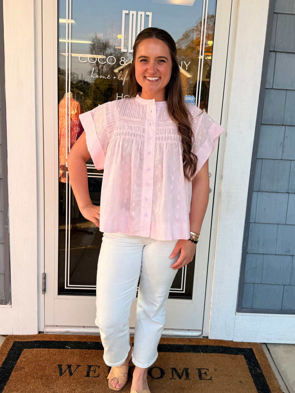 Baby Pink Ruffle Button Up Top
