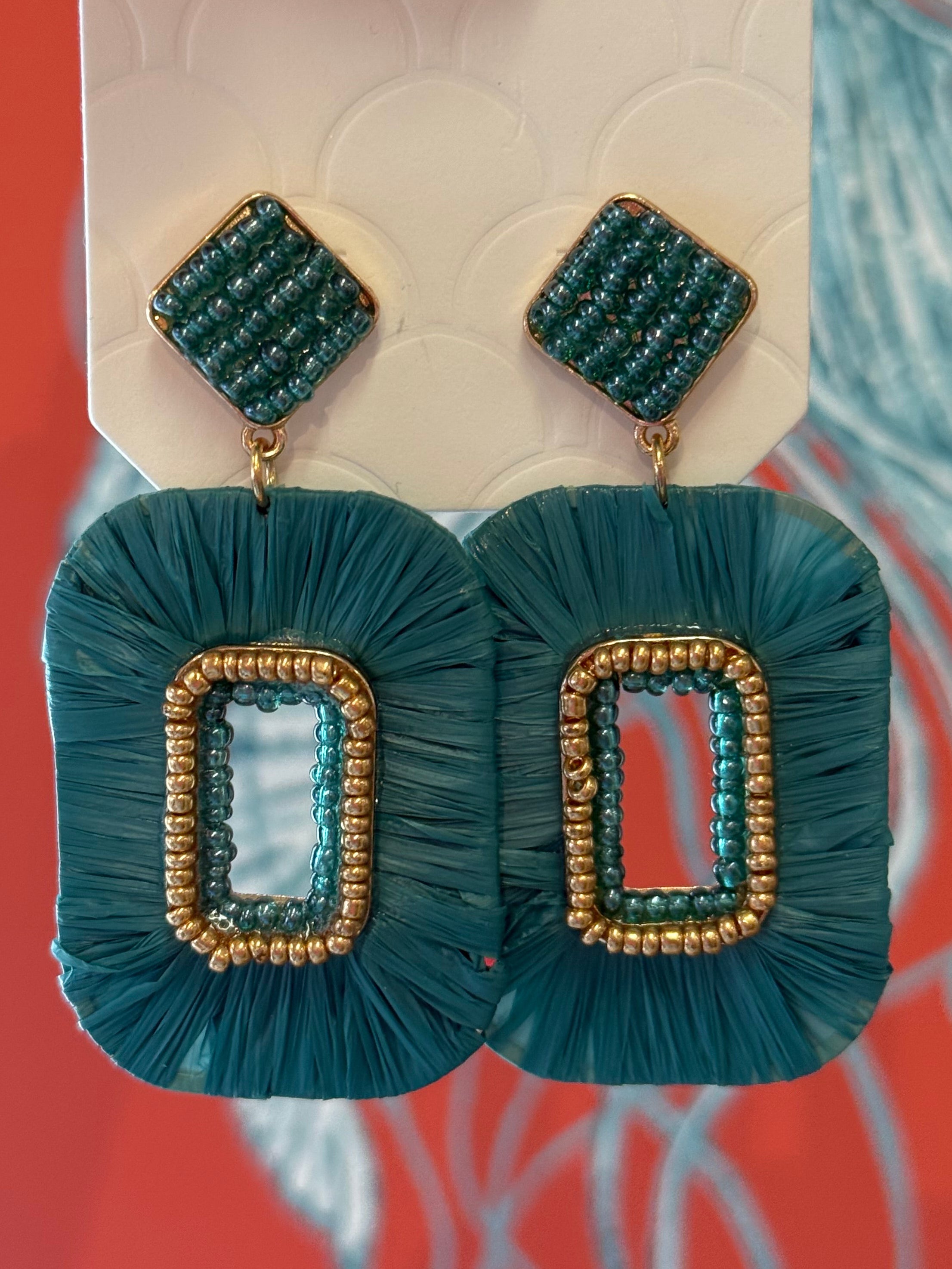 Teal Raffia Beaded Earrings