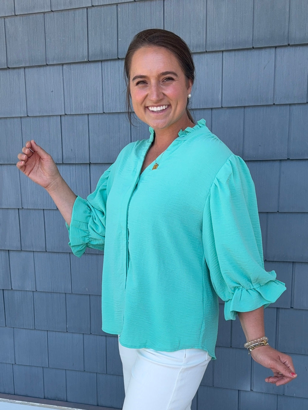 Emerald Balloon Sleeve Blouse