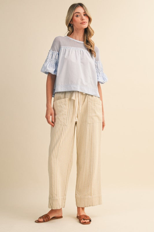 Taupe Natural Stripe Wide Leg Drawstring Pants