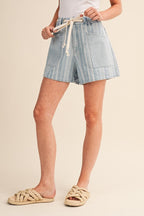 Mixed Stripe Light Denim Drawstring Shorts