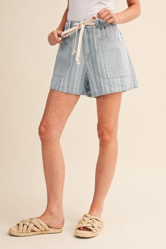 Mixed Stripe Light Denim Drawstring Shorts