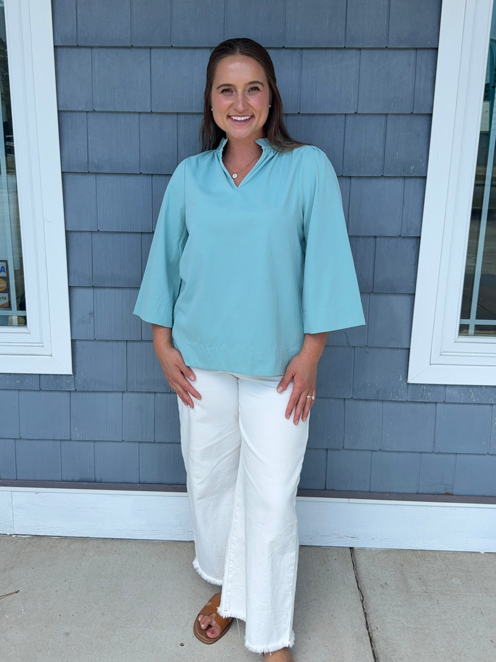 Seafoam Ruffled Neck Blouse