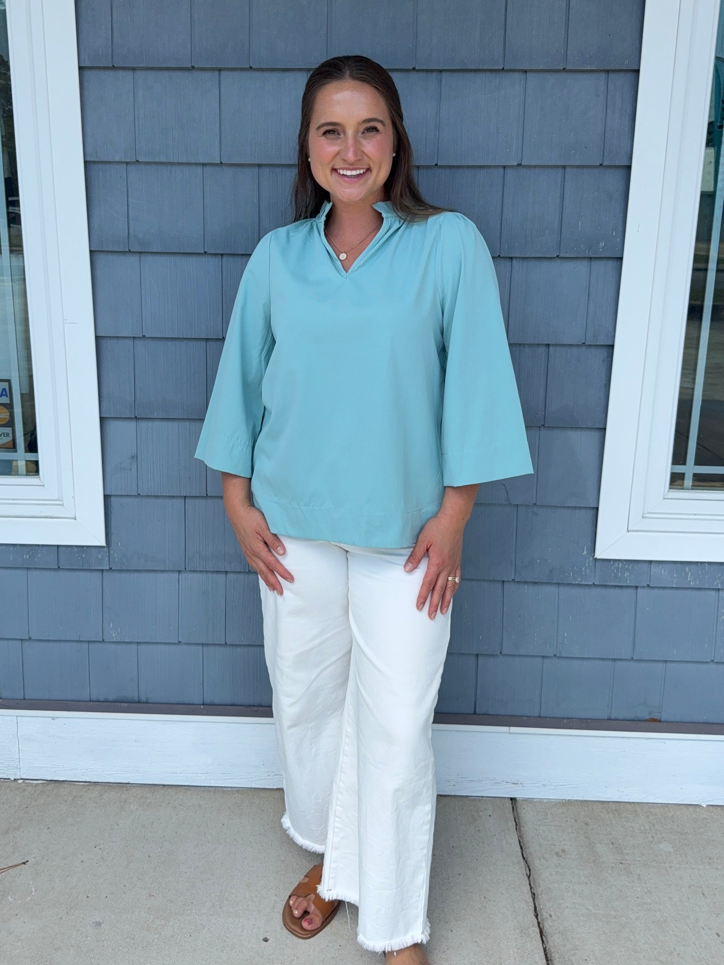 Seafoam Ruffled Neck Blouse