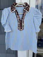 Blue Stripe Cheetah Collar Top