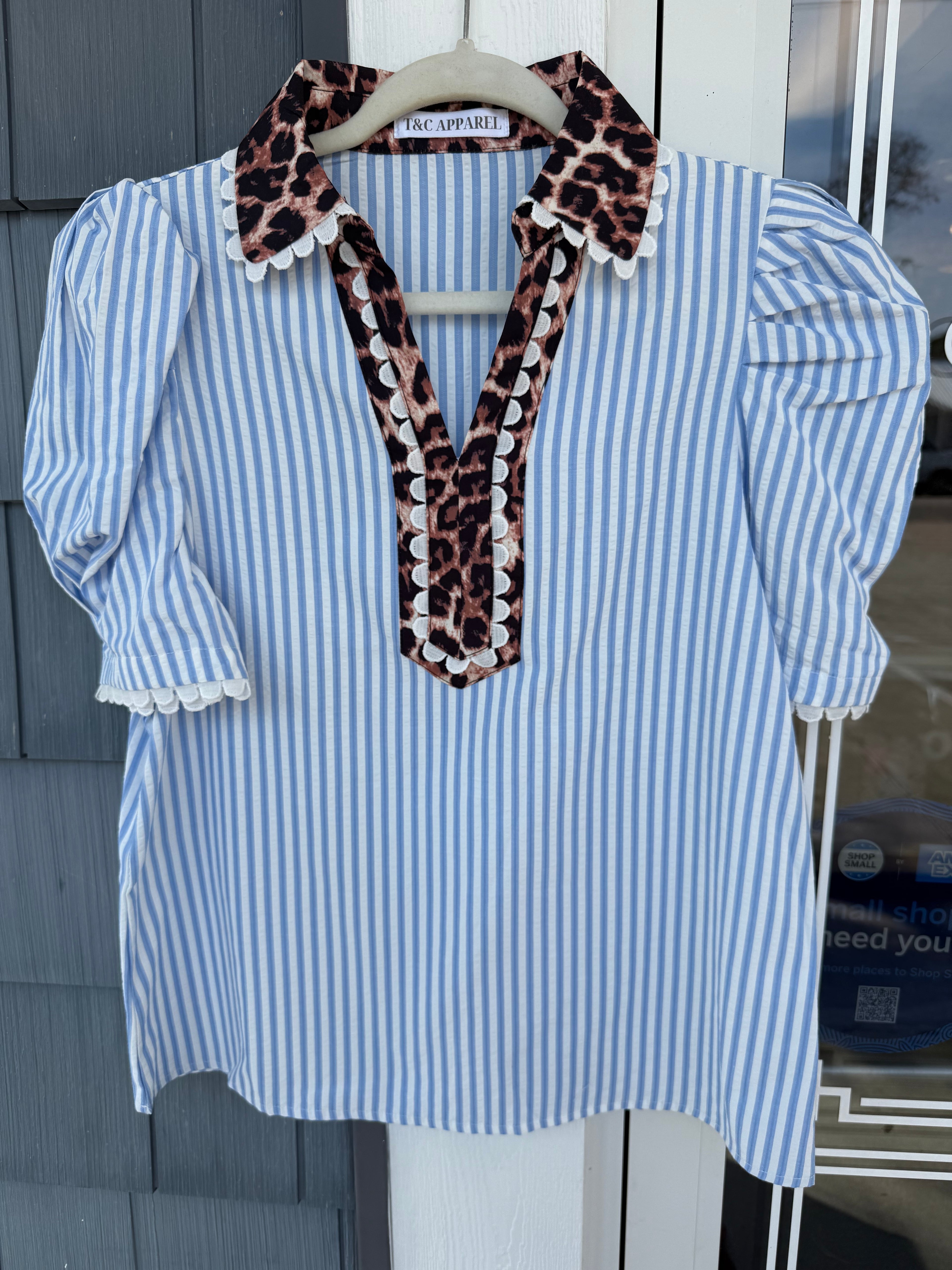 Blue Stripe Cheetah Collar Top