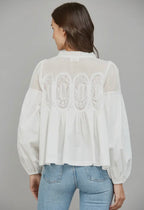 Lace Appliqué Mixed Media LS Blouse White