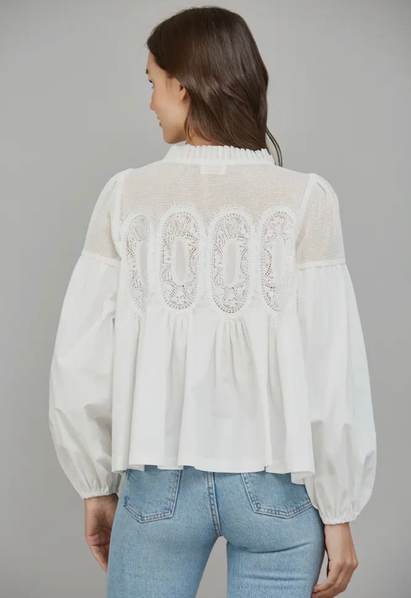 Lace Appliqué Mixed Media LS Blouse White