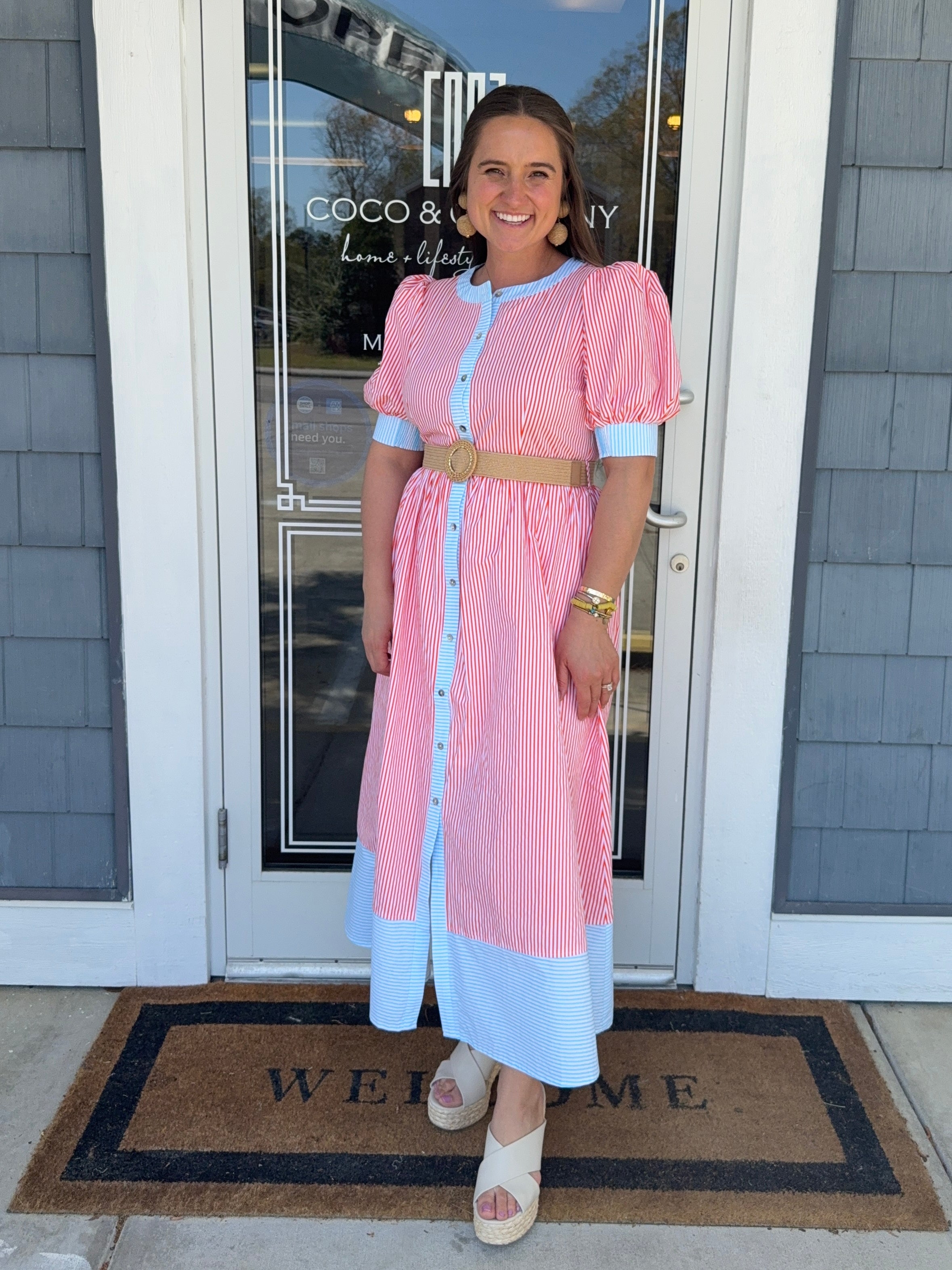 Orange & Blue Stripe Midi Dress w/ Belt