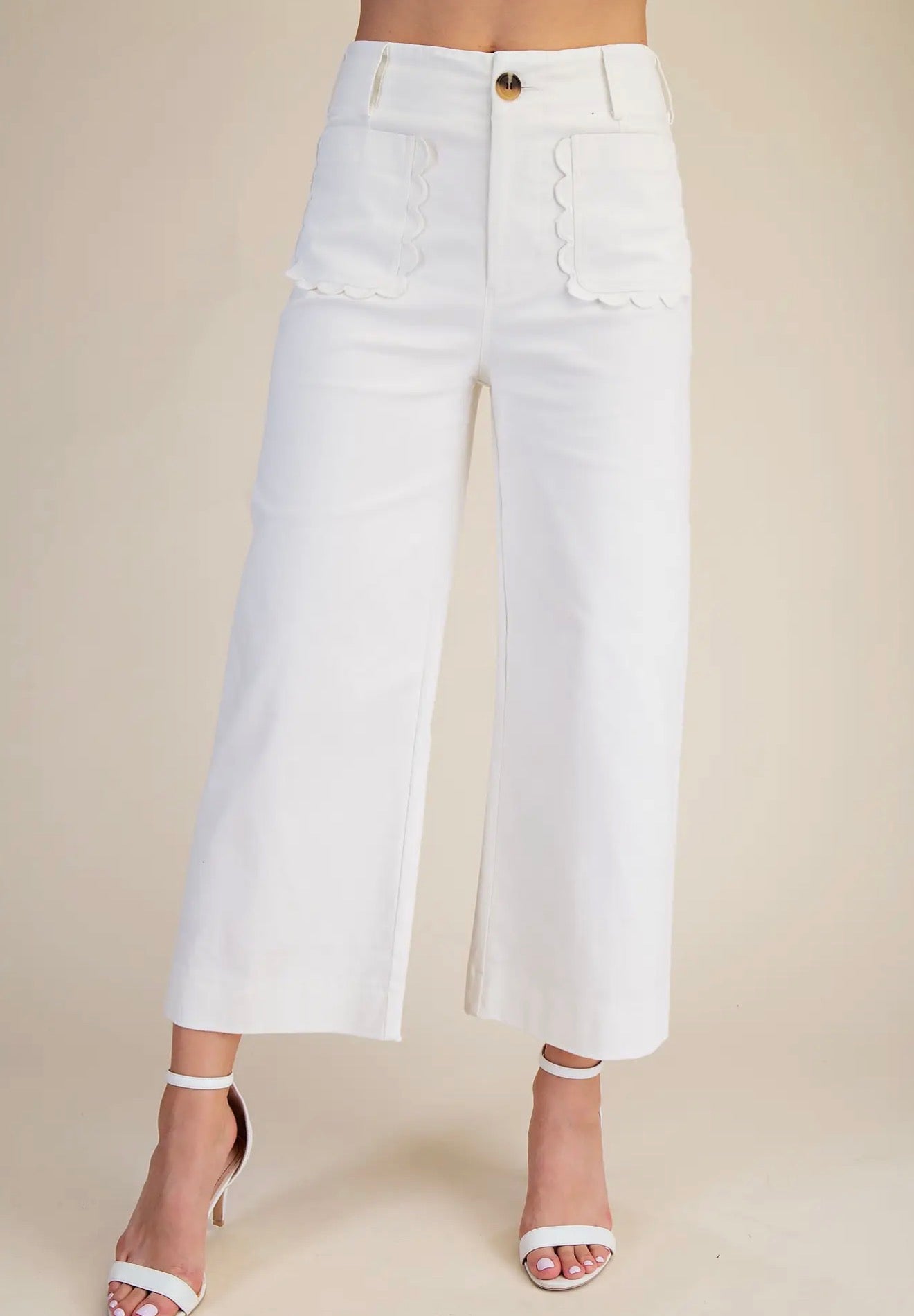 White Wide Leg Cropped Scalloped Pocket Pants