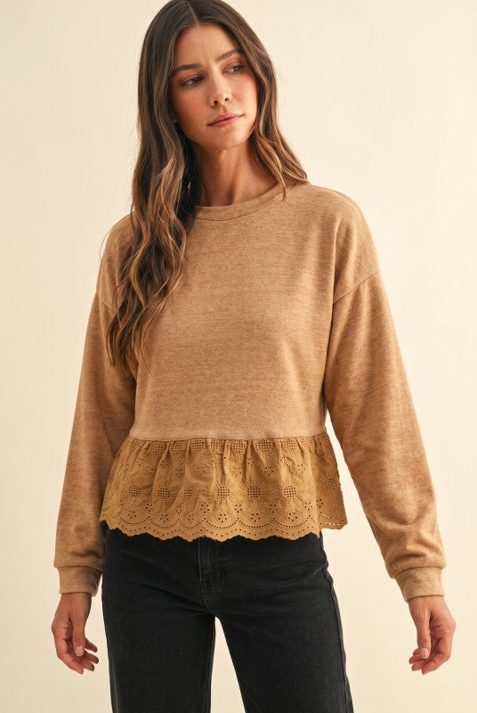 Taupe Eyelet Lace Hem Fleece Top