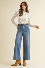 Medium Denim Stretch  High Rise Pin Tuck Wide Leg Jeans