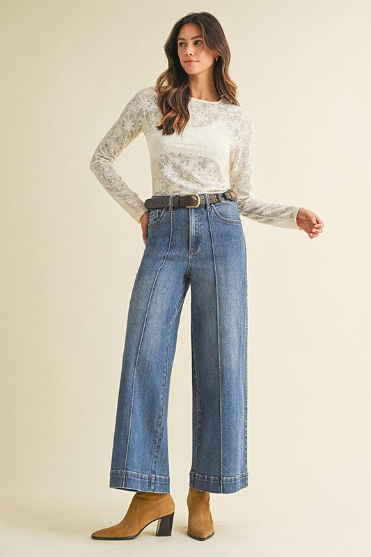 Medium Denim Stretch  High Rise Pin Tuck Wide Leg Jeans