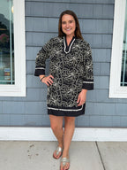 Black Embroidered Notch Neck Dress