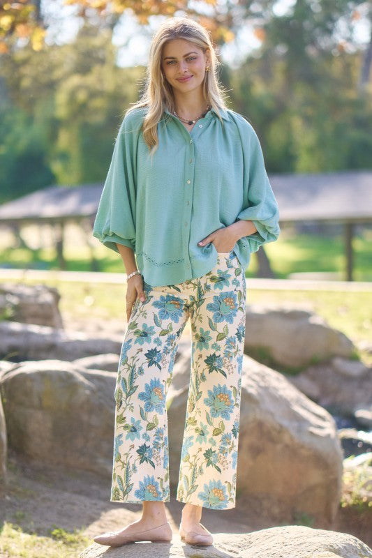 Preorder: Blue Floral Ankle Cropped Pants