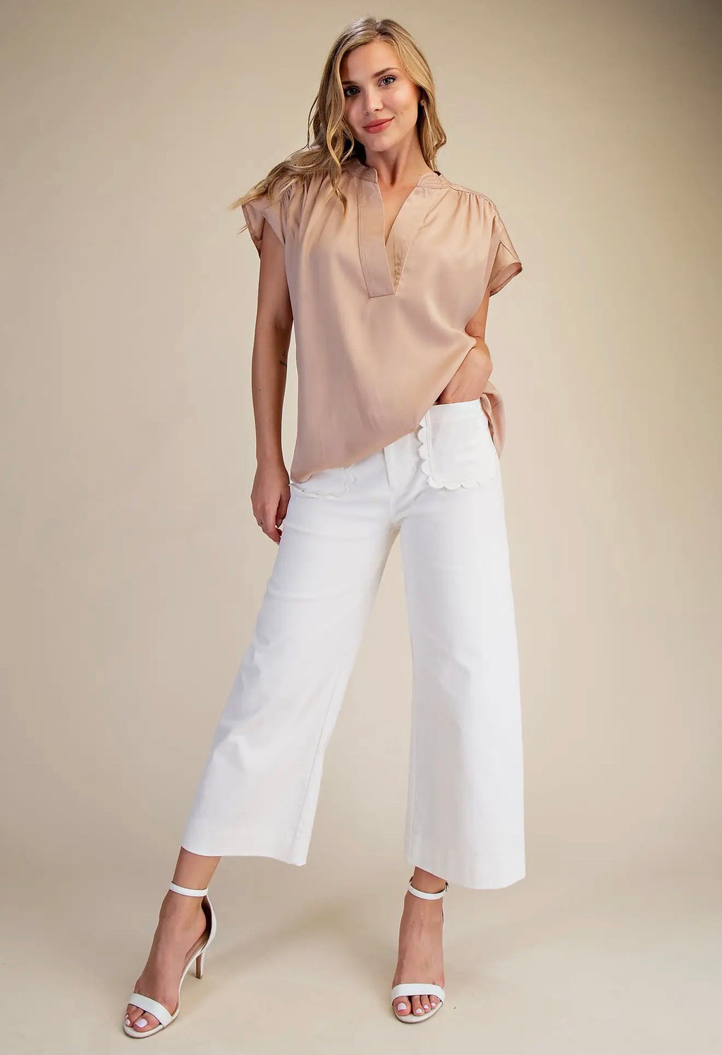 White Wide Leg Cropped Scalloped Pocket Pants