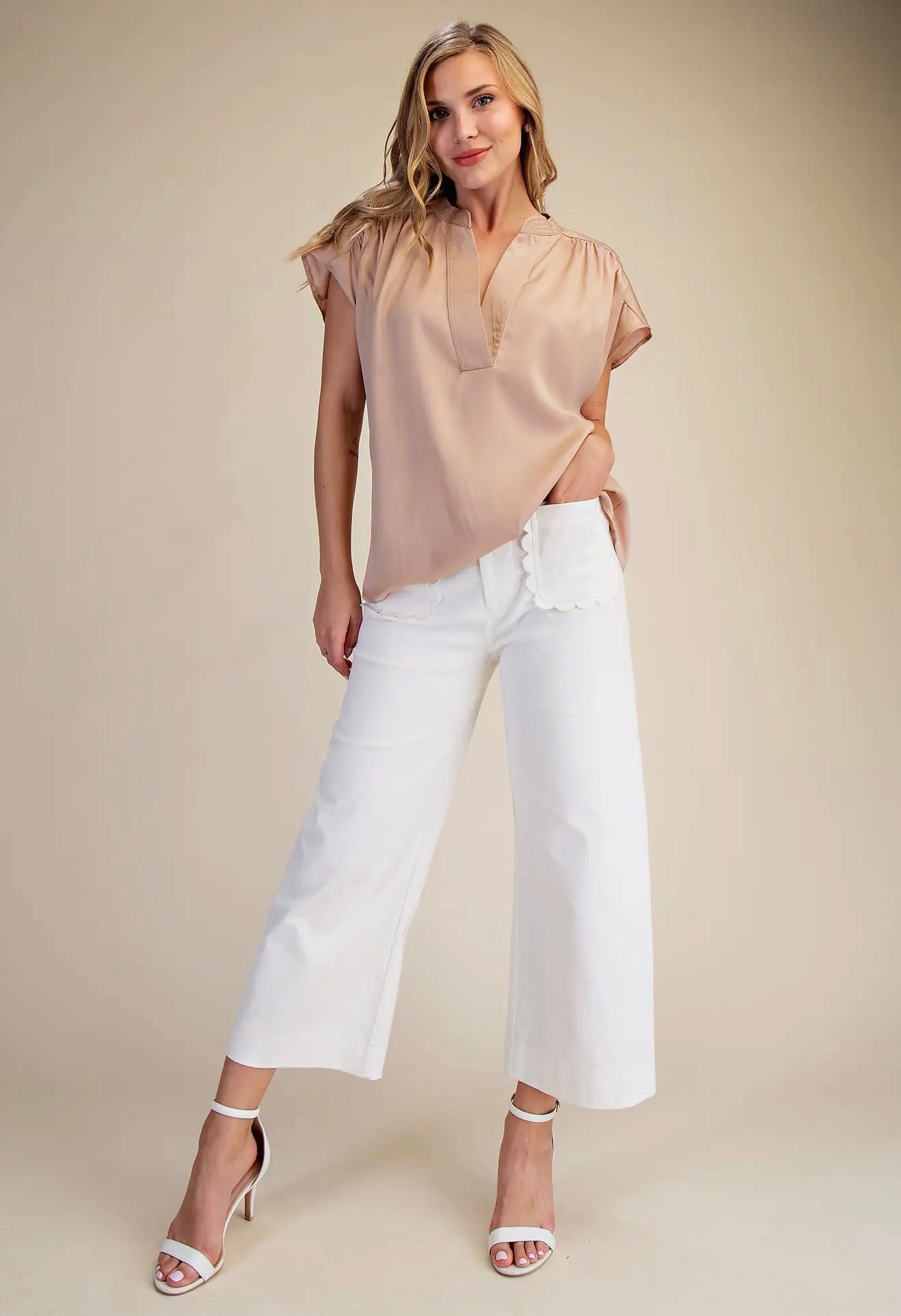 White Wide Leg Cropped Scalloped Pocket Pants