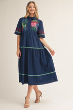 Navy Embroidered Button Down Midi Dress
