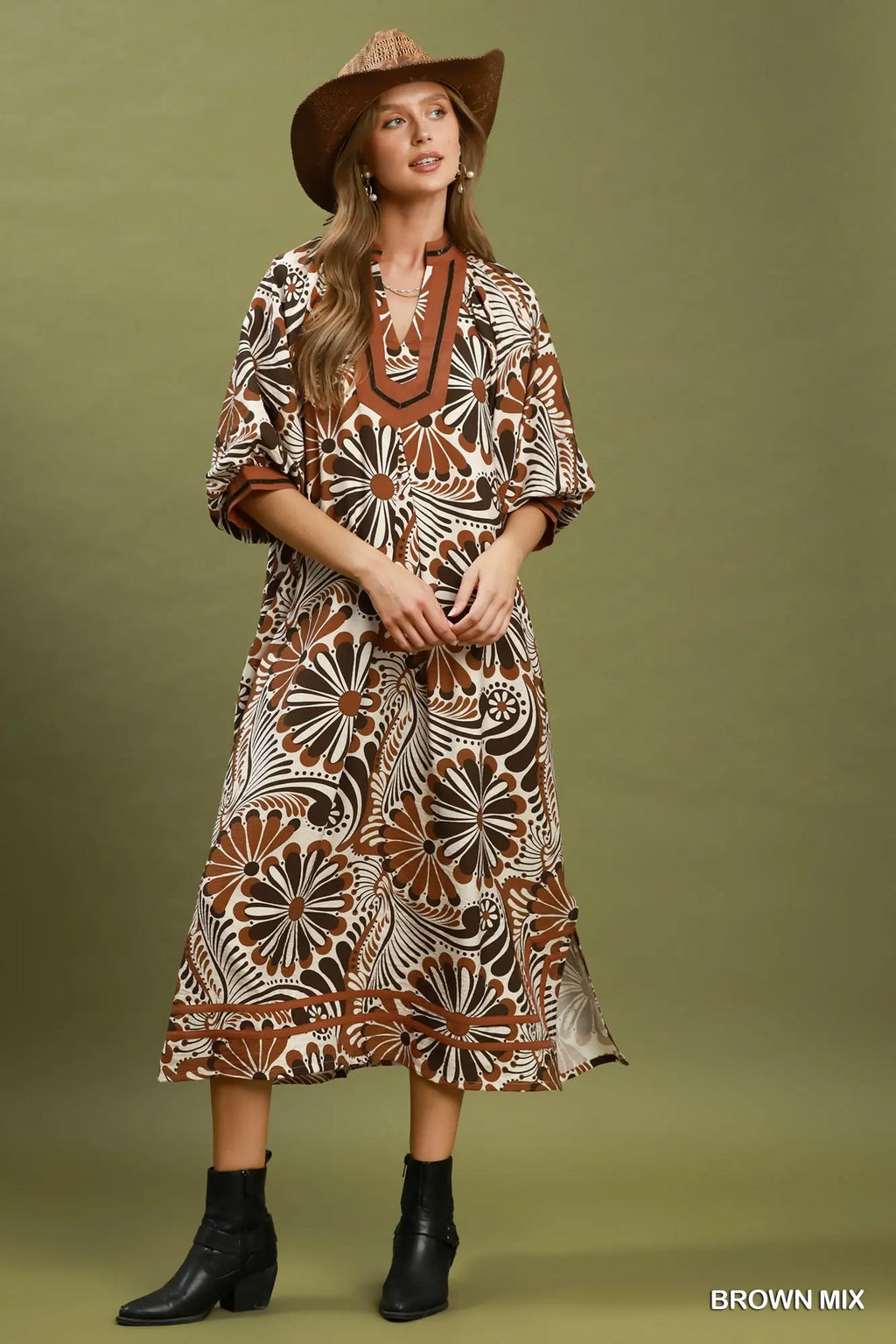 Brown Mix Abstract Midi Dress