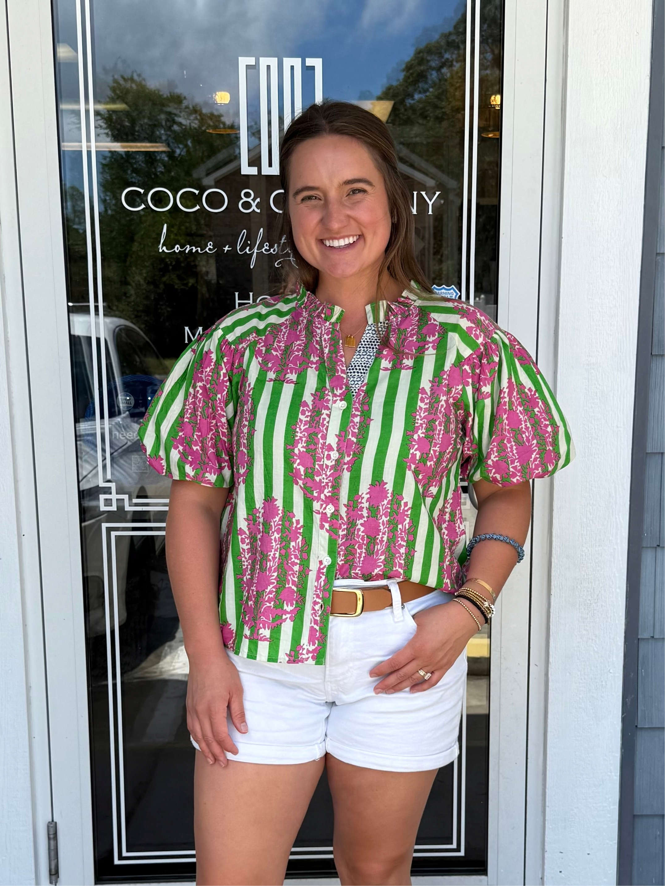 Green Ruffle Neck Puff Sleeve Stripe Top, THML