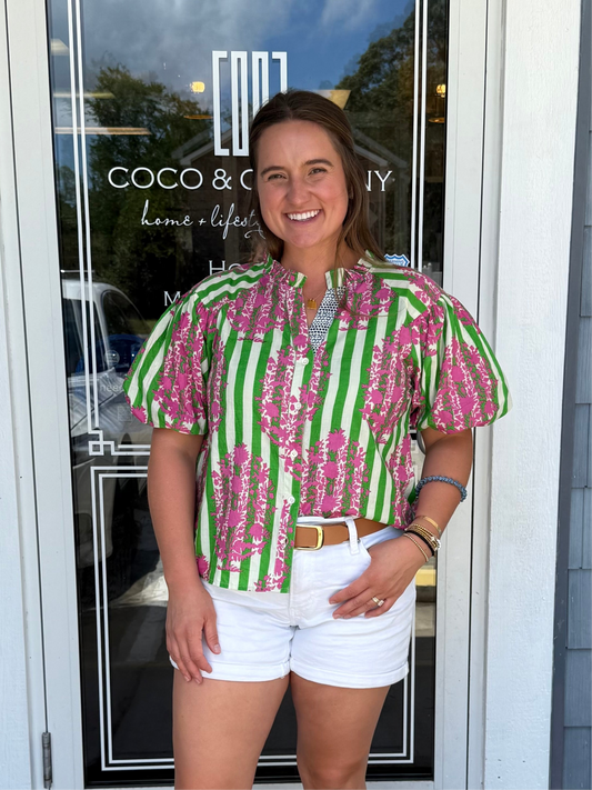 Green Ruffle Neck Puff Sleeve Stripe Top, THML