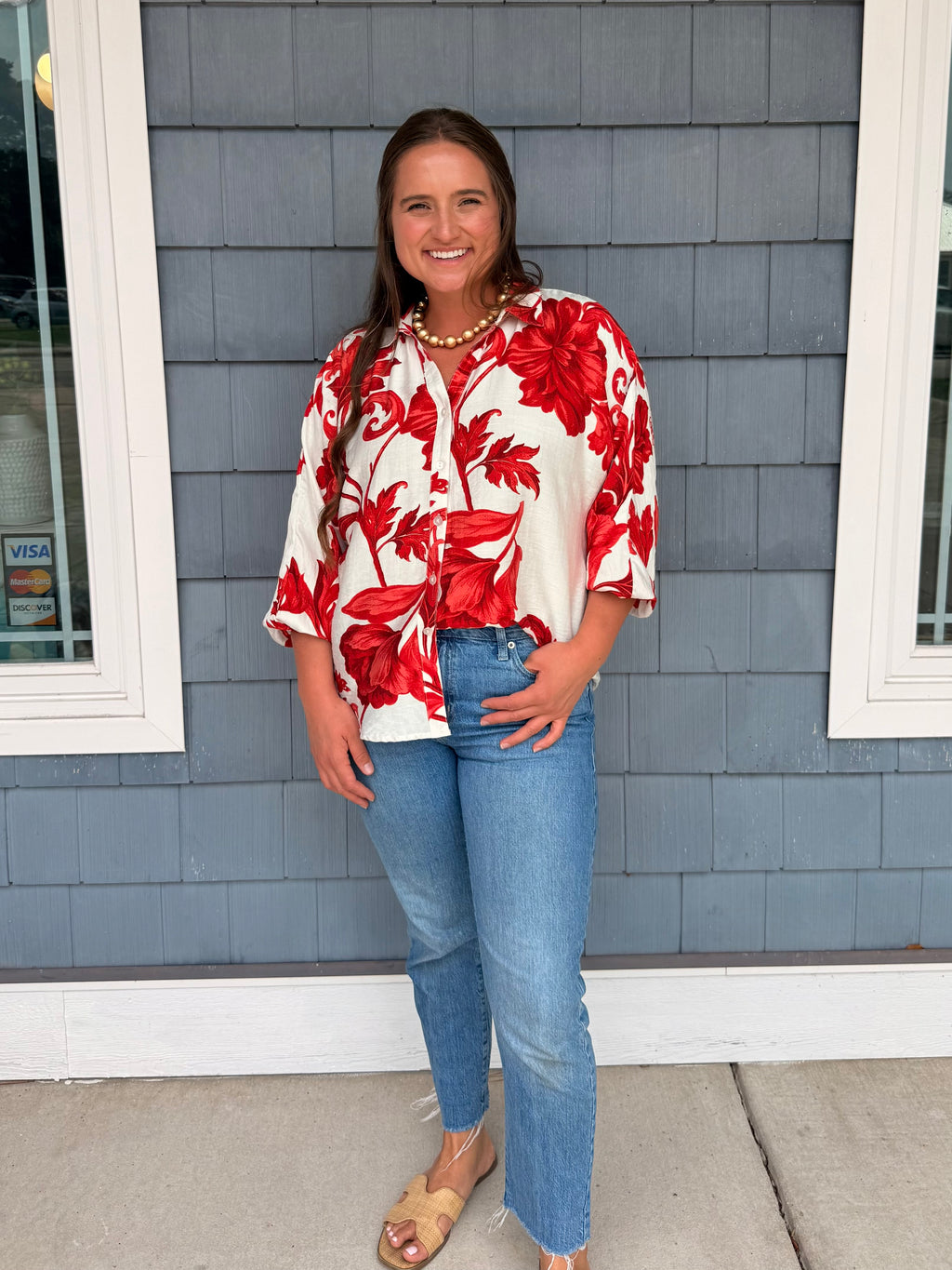 Red Floral Button Down Sleeve Top