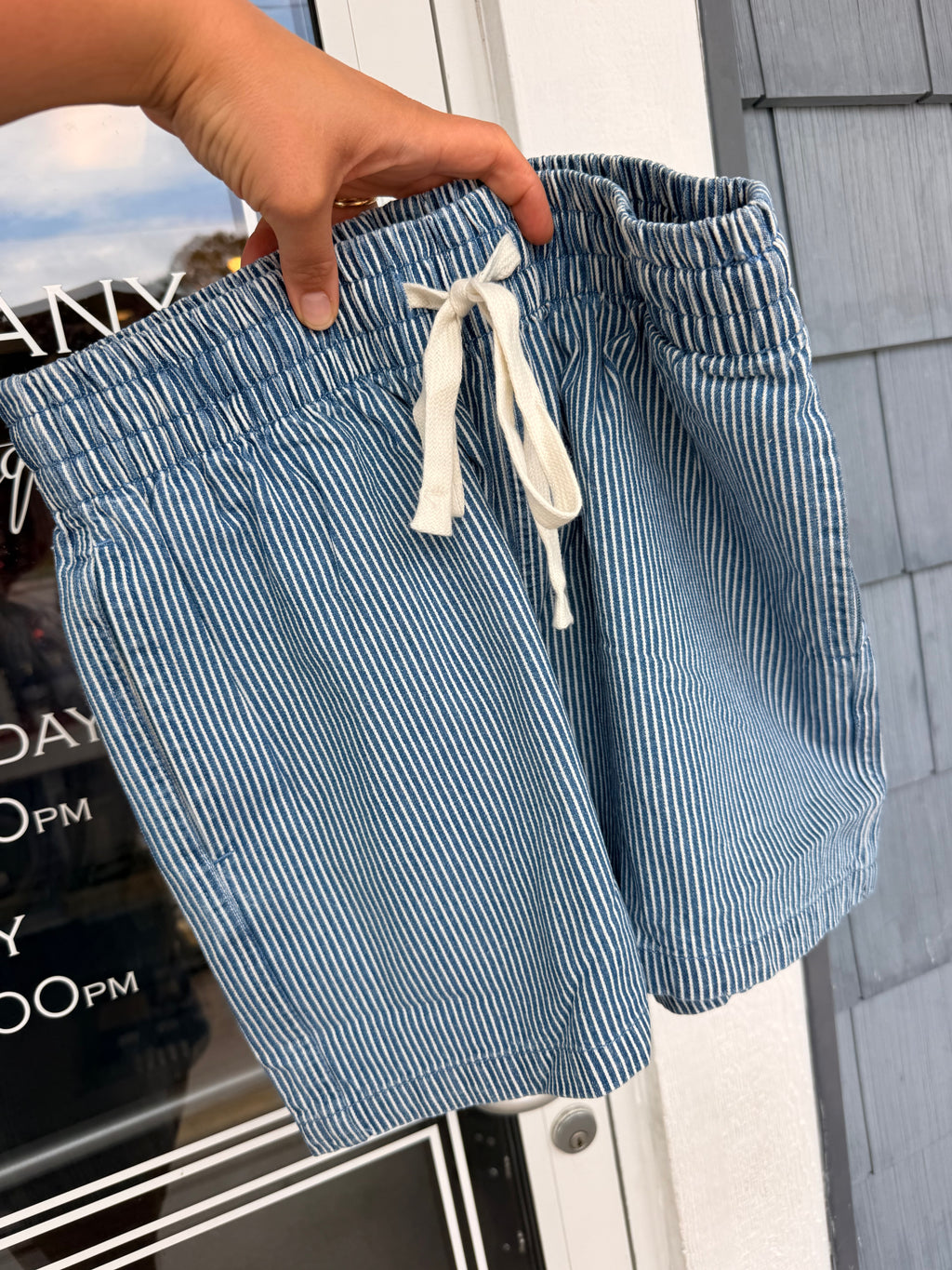 Blue Stripe Elastic Denim Shorts