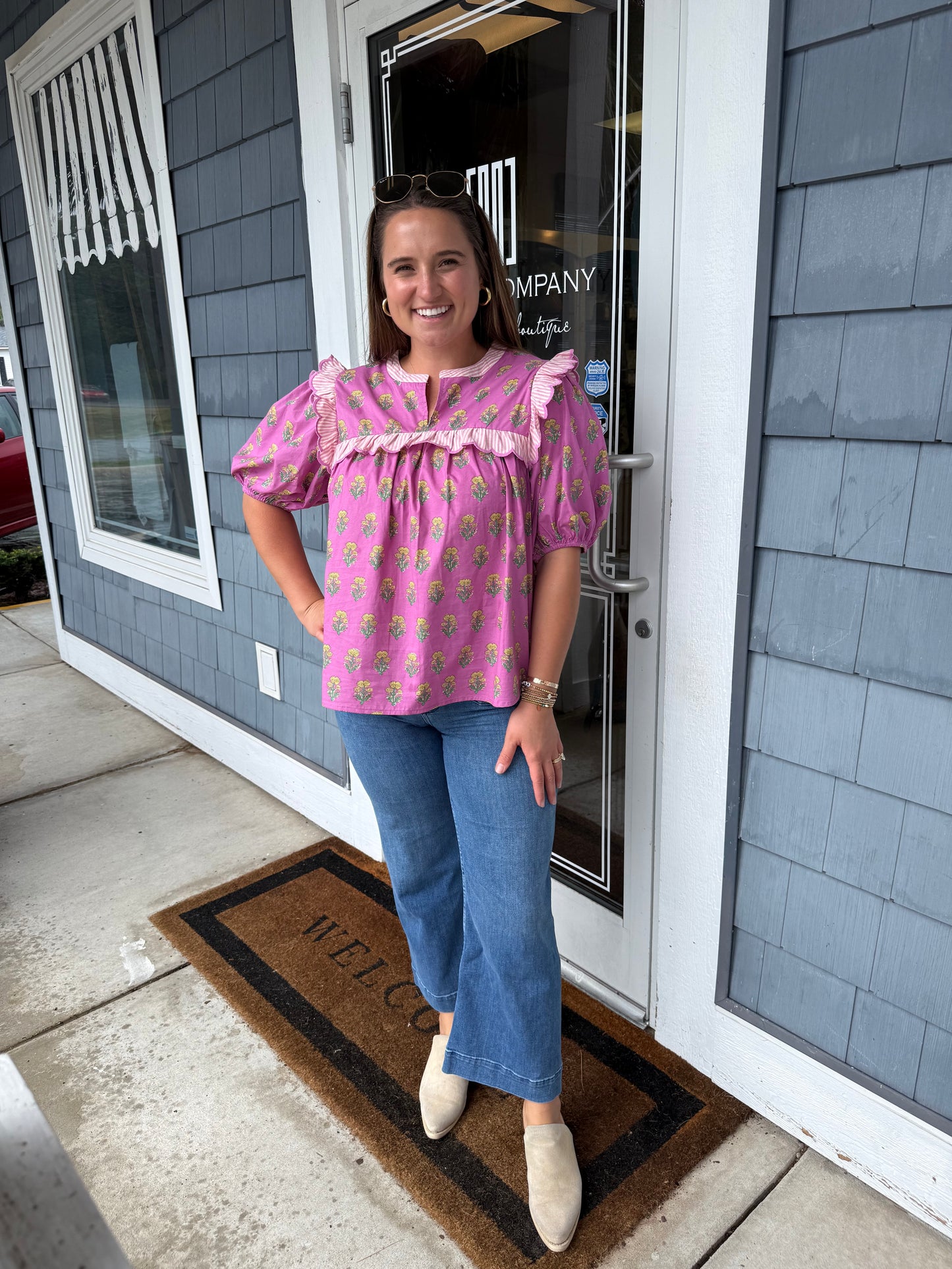Pink Floral Ruffle Yoke Sleeve Top