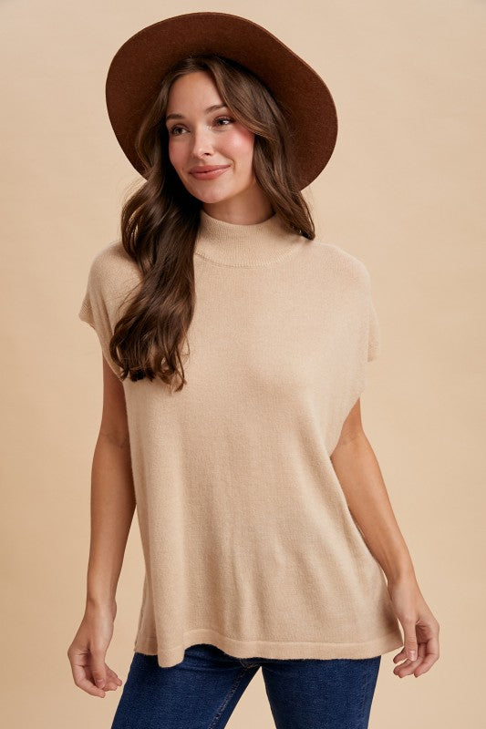 Oatmeal Soft Wool Blend Mock Neck Short Sleeve Sweater