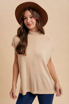 Oatmeal Soft Wool Blend Mock Neck Short Sleeve Sweater