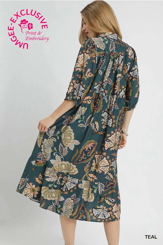 Teal Boho Tiered Midi Dress