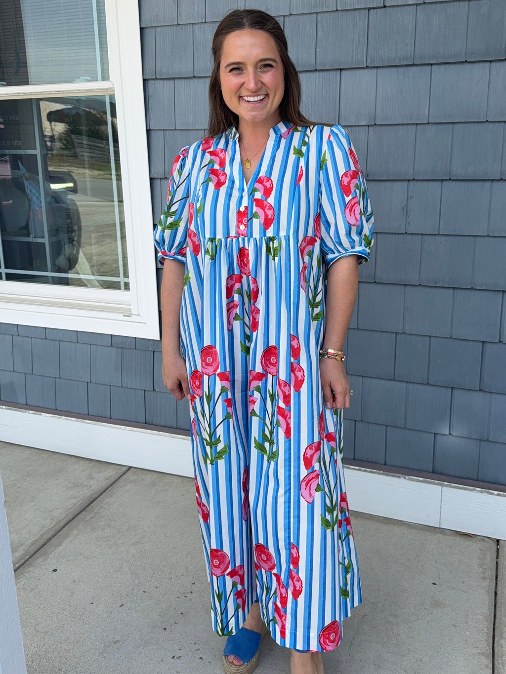 Blue Stripe Floral Midi Dress