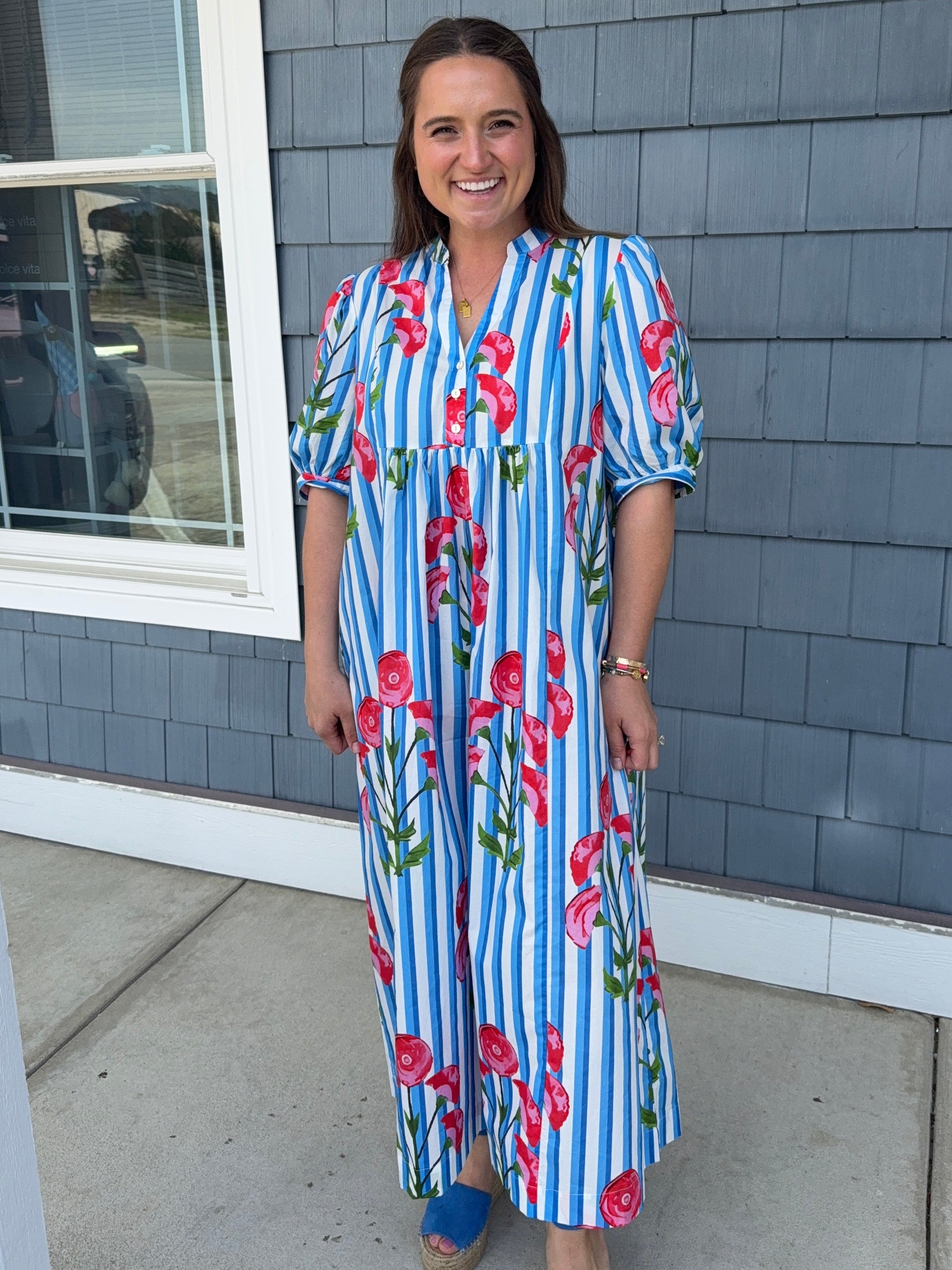 Blue Stripe Floral Midi Dress