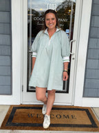Green & White Mock Neck Banded Puff Sleeve Mini Dress